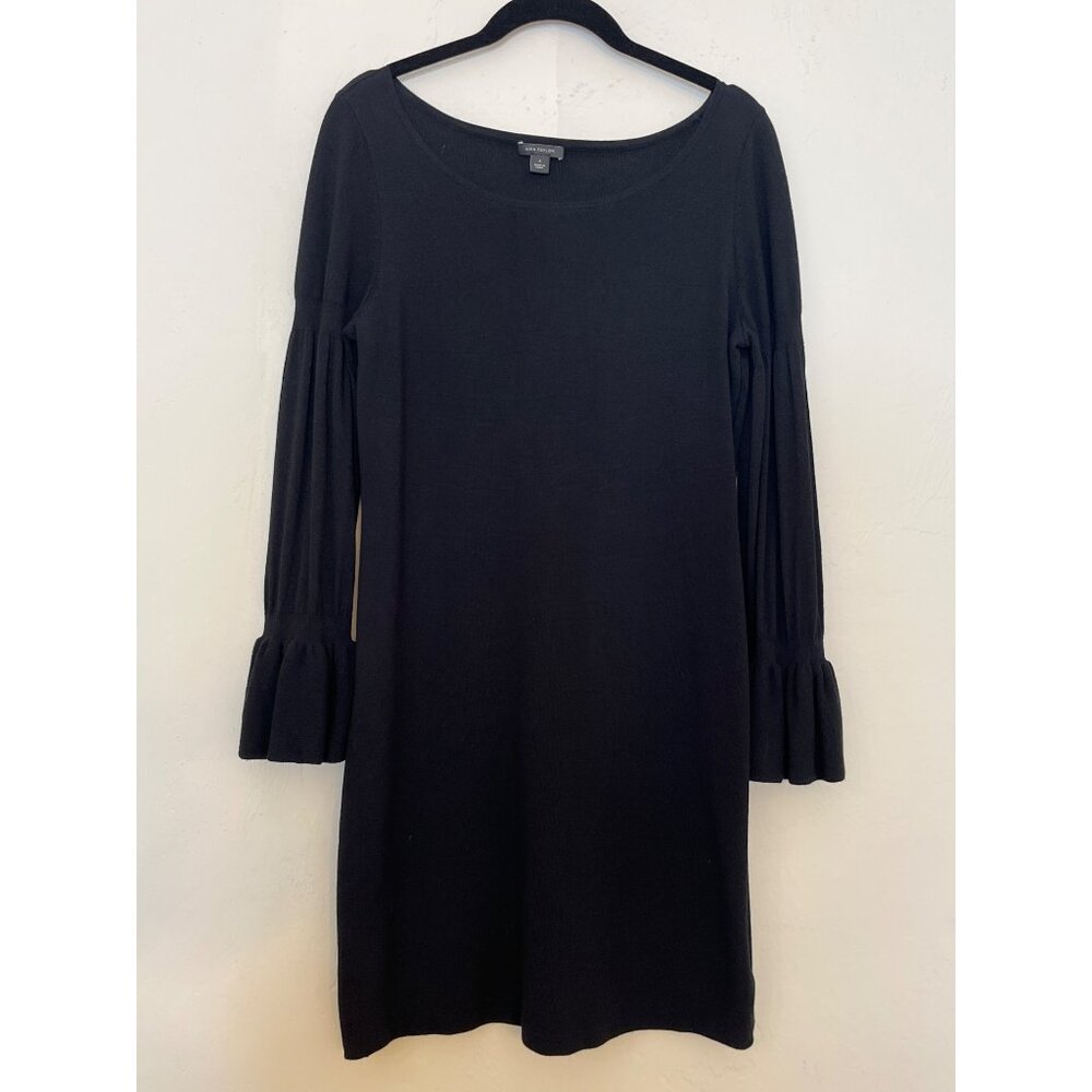 Ann Taylor Round Neck Balloon Bell Long Sleeve Stretch Shift Dress Black Small